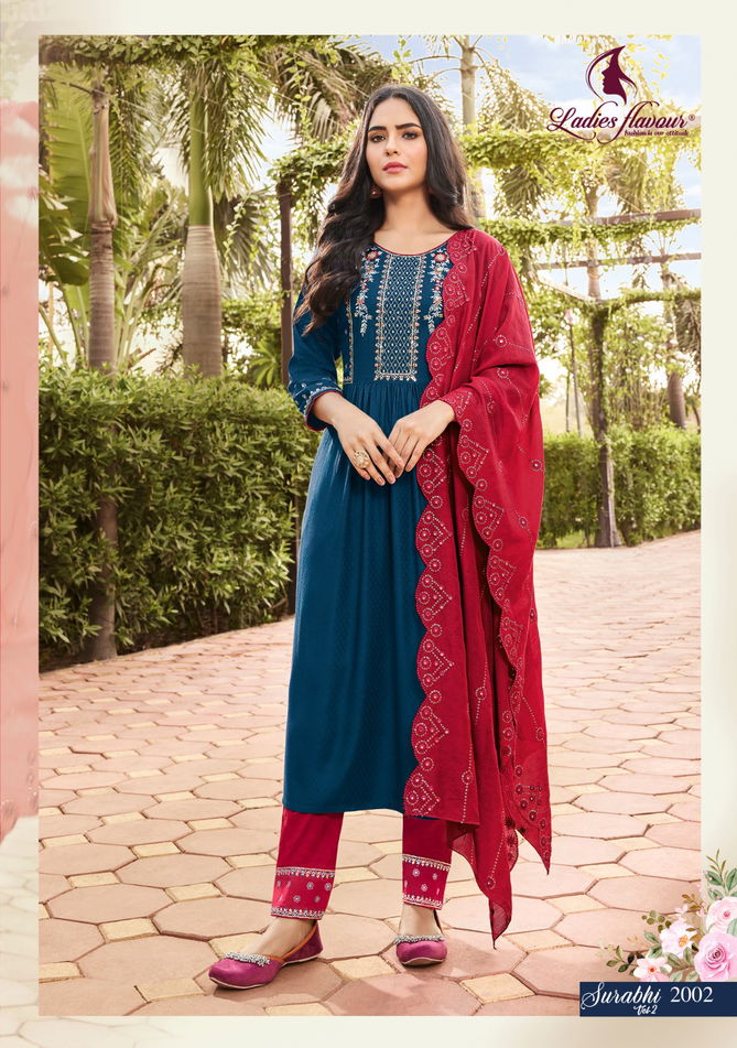 Surabhi Vol 2 By Ladies Flavour Rayon Kurti With Bottom Dupatta Catalog
